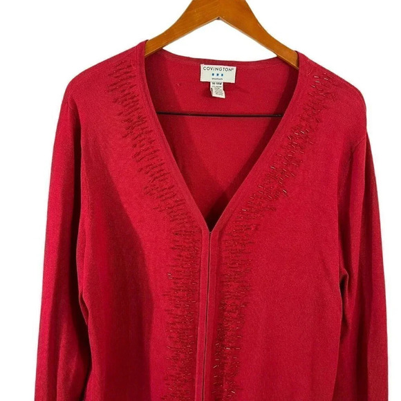 Covington Red Beaded Cardigan Sweater Womens 16/18W Long Sleeve Hook and Eye - Picture 2 of 10